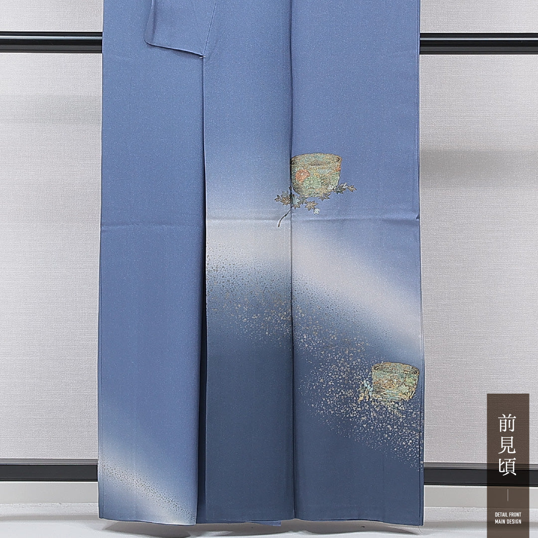 訪問着 袷 身丈160cm 裄丈66cm 正絹 Sランク セミフォーマル 広衿 Lサイズ ぼかし染 金箔 銀箔 壺 松 青系 M4 1217-15861