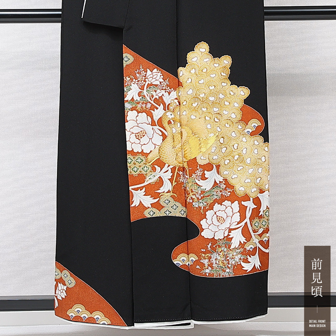 黒留袖 袷 身丈153cm 裄丈62cm 五つ紋 揚羽蝶 フォーマル Sランク Sサイズ 正絹 比翼仕立て 広衿 鳥 牡丹 刺繍 金駒刺繍 1211-F0706