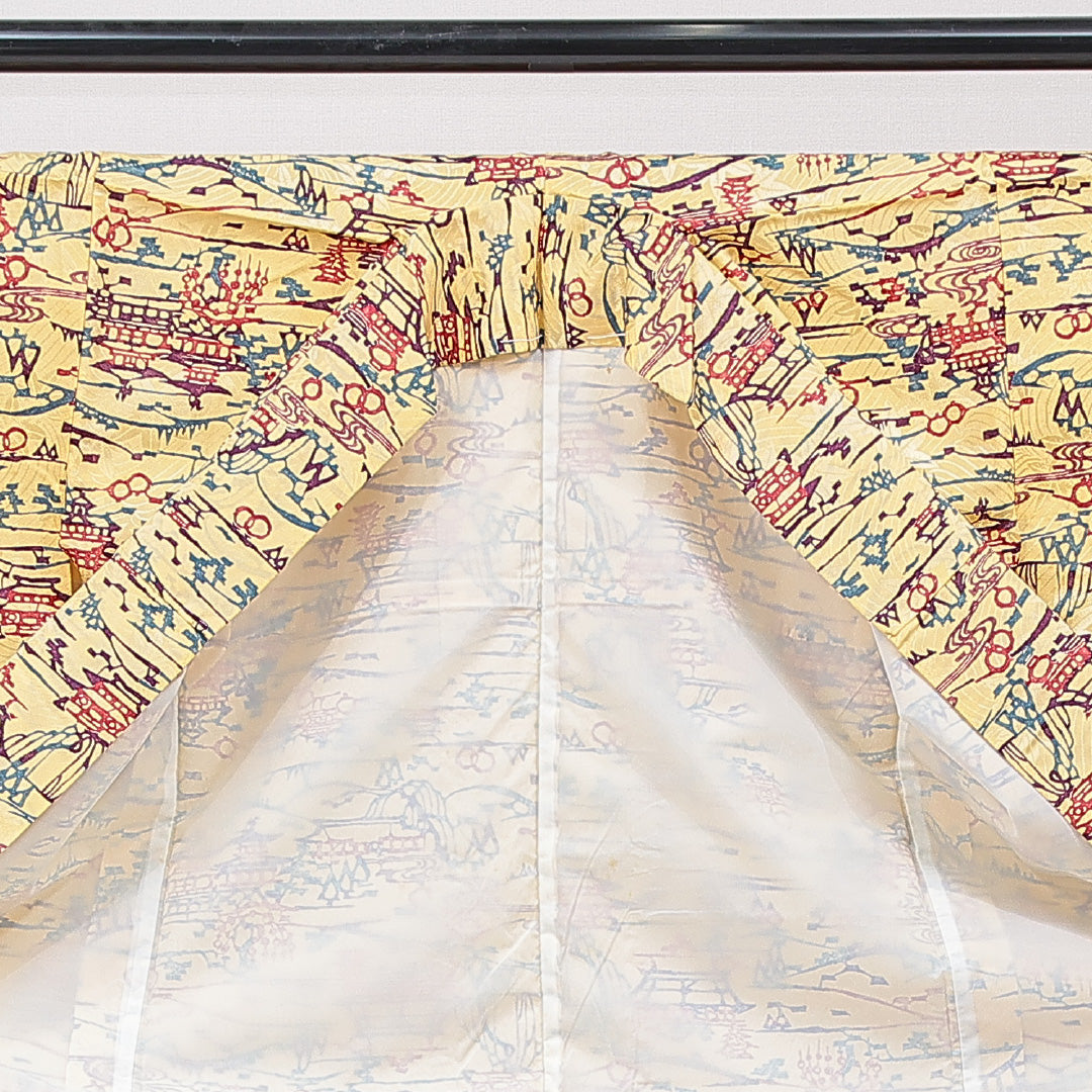 小紋 洗える着物 袷 身丈160cm 裄丈63cm ポリエステル Cランク Lサイズ 広衿 インフォーマル 楼閣 黄系 1215-15786