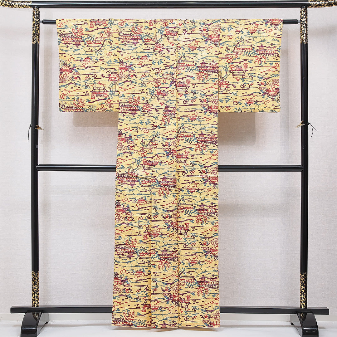 小紋 洗える着物 袷 身丈160cm 裄丈63cm ポリエステル Cランク Lサイズ 広衿 インフォーマル 楼閣 黄系 1215-15786