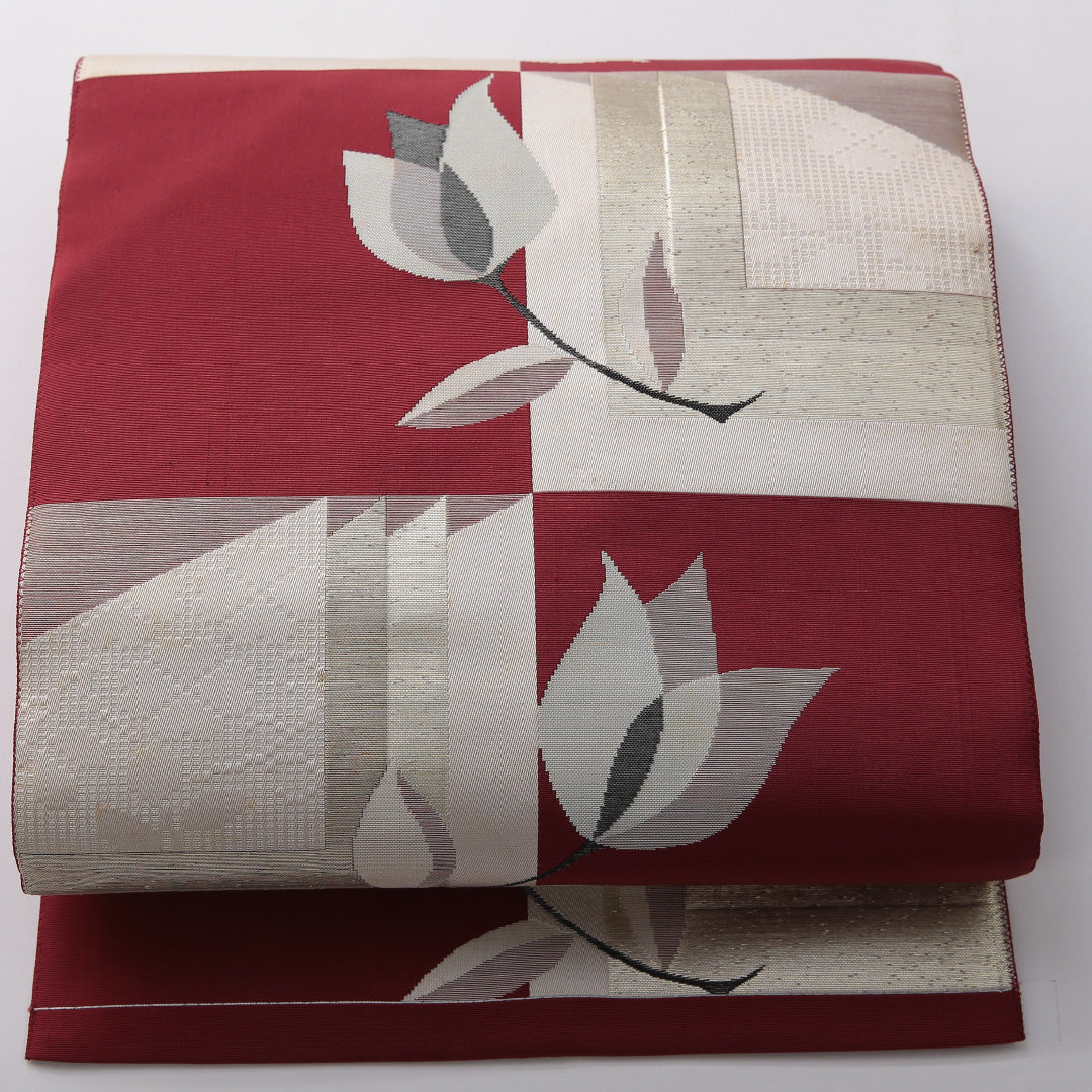 八寸名古屋帯 帯丈352cm セミフォーマル 名古屋仕立て 六通 帯芯なし Cランク 正絹 チューリップ 赤系 1224-03574