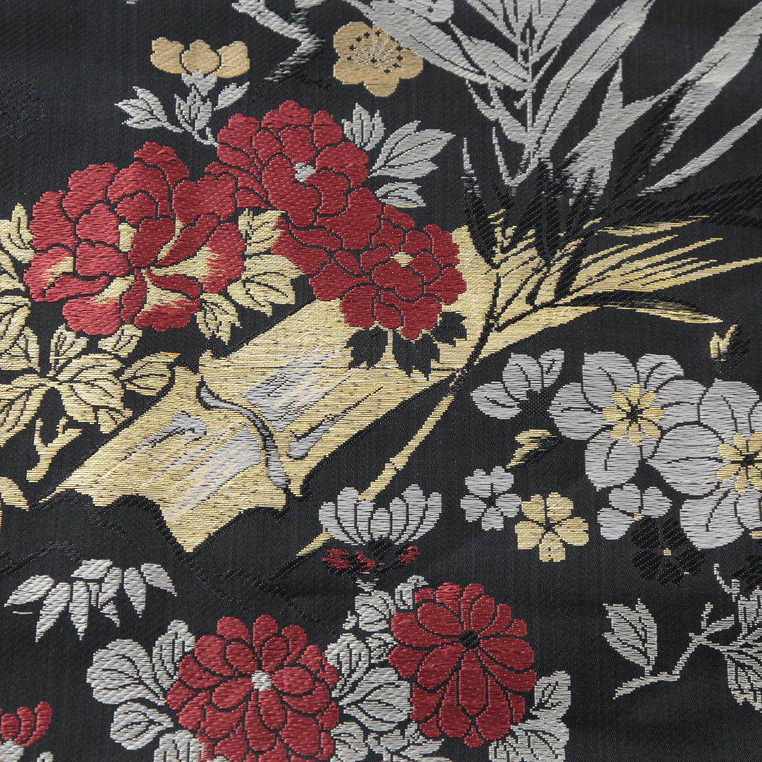 アンティーク 九寸名古屋帯 帯丈342cm 名古屋仕立て 六通 Aランク 正絹 大島織 牡丹 菊 黒系 1224-03970