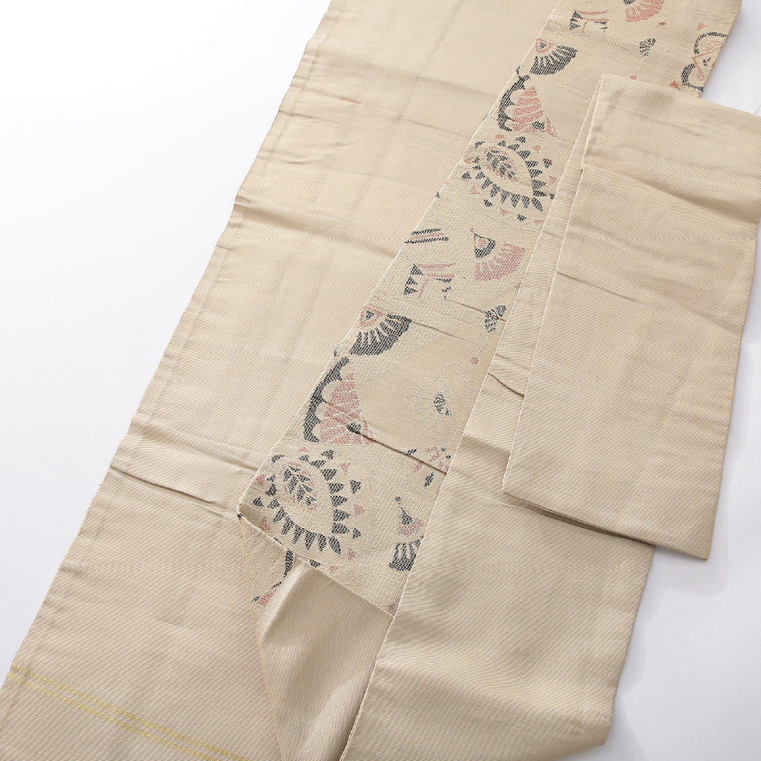 アンティーク 九寸名古屋帯 帯丈331cm 名古屋仕立て 六通 Bランク 正絹 創作柄 ベージュ系 1224-03939