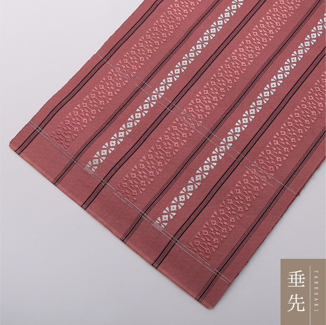 八寸名古屋帯 帯丈392cm インフォーマル 開き仕立て 全通 未仕立て Aランク 正絹 博多織 献上柄 ピンク系 1224-03409
