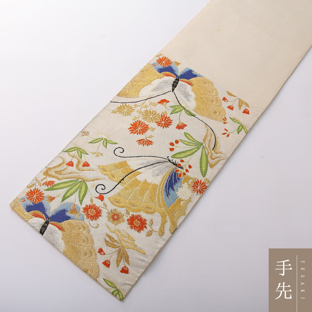 袋帯 帯丈428cm 正絹 六通 フォーマル 蝶 吉祥文様 クリーム系 1243-02049