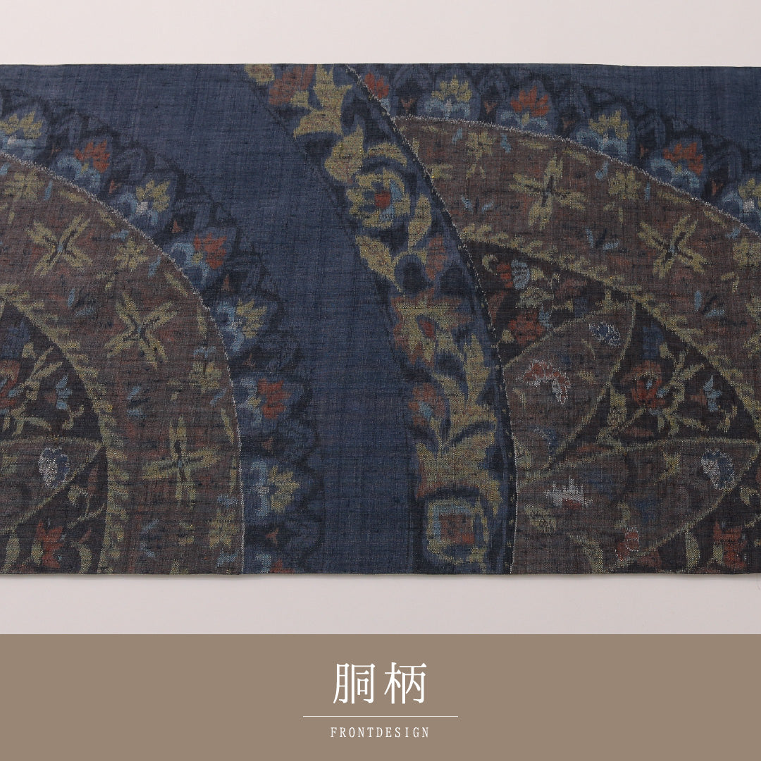 袋帯 帯丈440cm セミフォーマル 全通 帯芯なし Aランク 正絹 創作柄 ガード加工 紺系 多色系 1223-01905