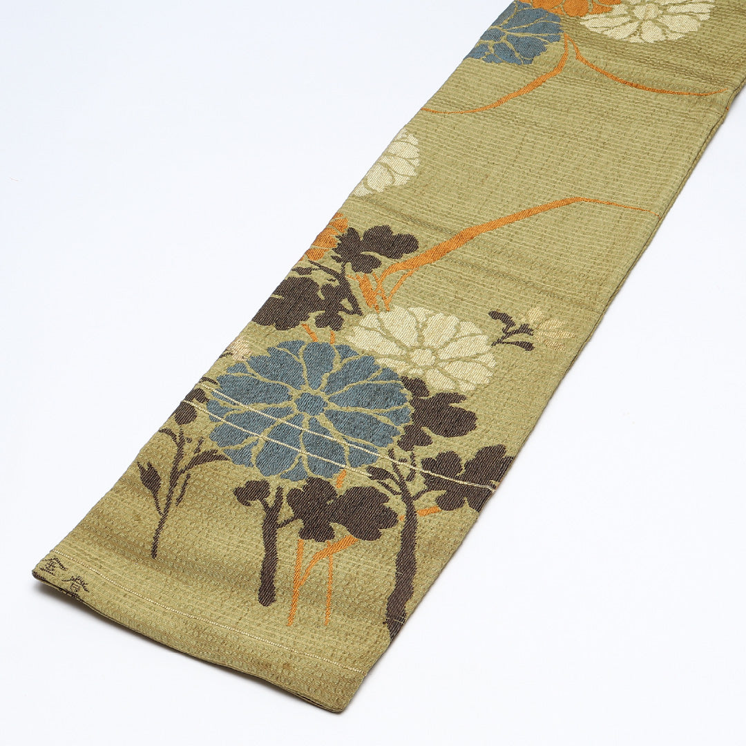 アンティーク 半幅帯 帯丈360cm カジュアル 小袋帯 六通 Bランク 正絹 菊 緑系 1225-00631