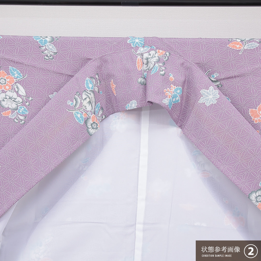 洗える着物 小紋 袷 身丈152cm 裄丈62cm ポリエステル Aランク インフォーマル 広衿 Sサイズ 椿 紫系 RP 1221-15843
