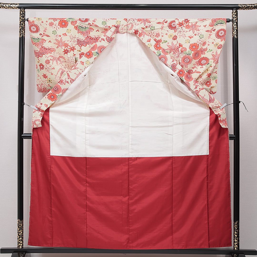 小紋 袷 身丈161cm 裄丈63cm 正絹 Cランク インフォーマル バチ衿 Lサイズ 菊 紅葉 緑系 HP 1221-15442
