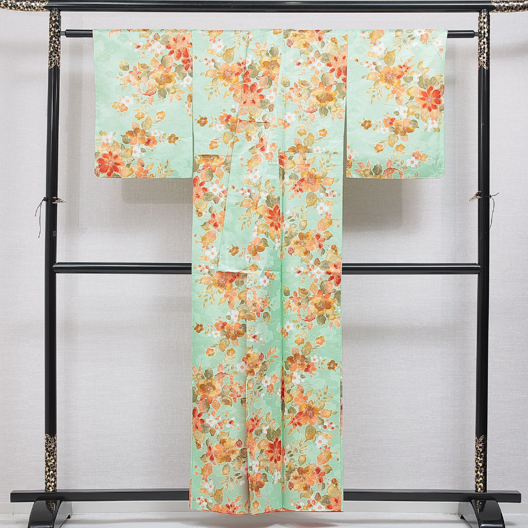 洗える着物 小紋 袷 身丈156cm 裄丈62cm ポリエステル Bランク インフォーマル 広衿 Mサイズ 花柄 緑系 RP 1221-16229