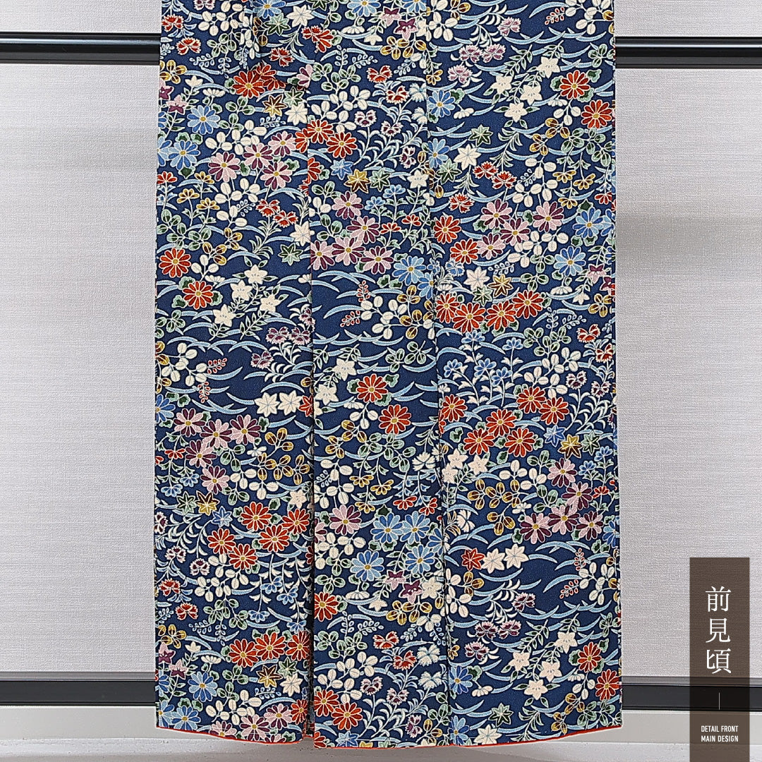 小紋 袷 身丈156cm 裄丈62cm 正絹 Sランク インフォーマル 広衿 Mサイズ 菊 青系 RP 1221-15638