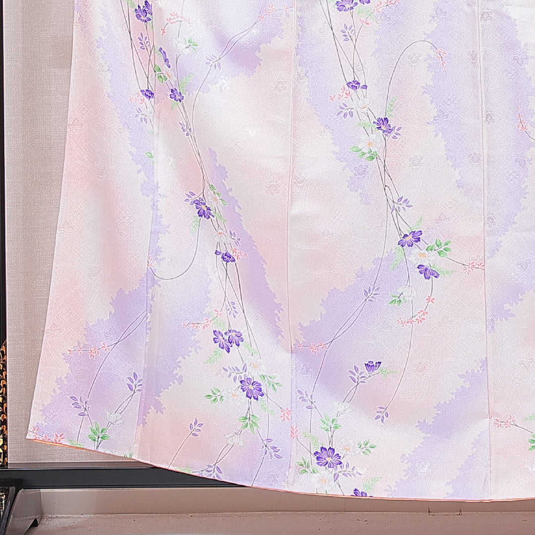 洗える着物 小紋 袷 身丈158cm 裄丈66cm ポリエステル Bランク インフォーマル 広衿 Mサイズ 花柄 ピンク系 HP 1221-16325