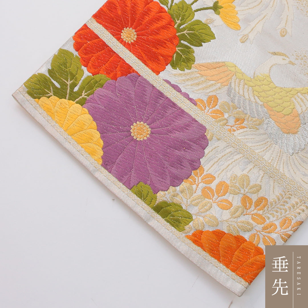 袋帯 帯丈424cm 正絹 六通 フォーマル 唐織 花喰鳥 菊 クリーム系 1243-02310