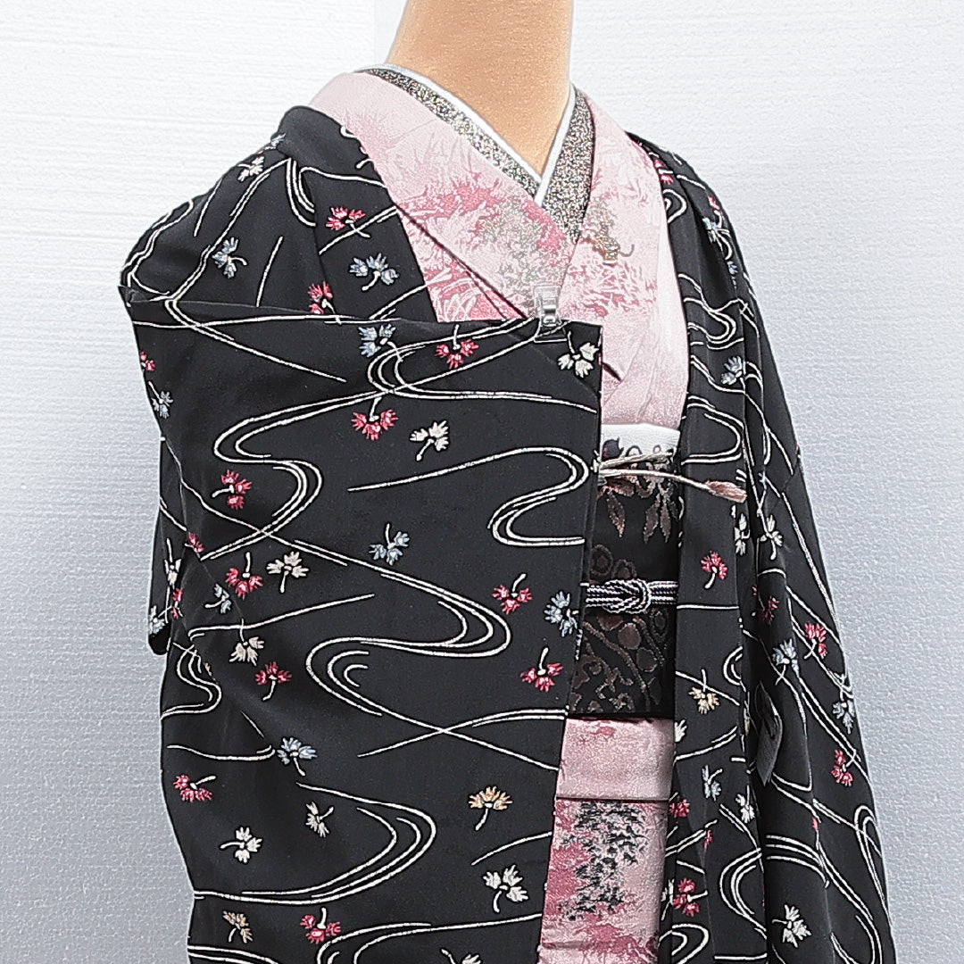 羽織 袷 身丈80cm 裄丈61cm 正絹 Cランク カジュアル Sサイズ 紐あり 流水 花柄 黒系 HP 1232-16170