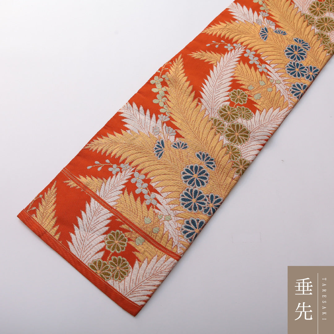 アンティーク 九寸名古屋帯 帯丈345cm カジュアル 名古屋仕立て 六通 Aランク 正絹 菊 朱系 1224-03532