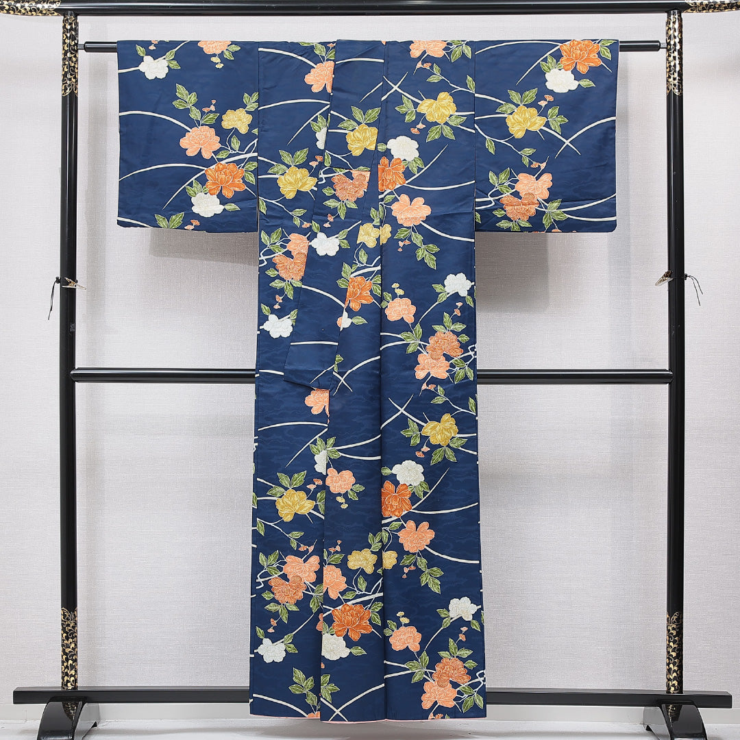 小紋 洗える着物 袷 身丈156cm 裄丈63cm ポリエステル Bランク Mサイズ 広衿 インフォーマル 牡丹 青系 1215-15802