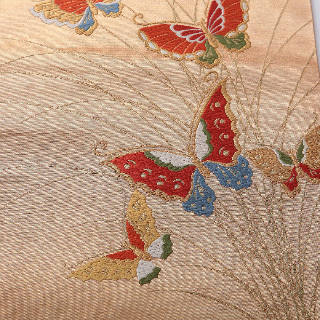 アンティーク 九寸名古屋帯 帯丈366cm カジュアル 名古屋仕立て ポイント柄 Dランク 正絹 蝶 朱系 金系 1224-03521