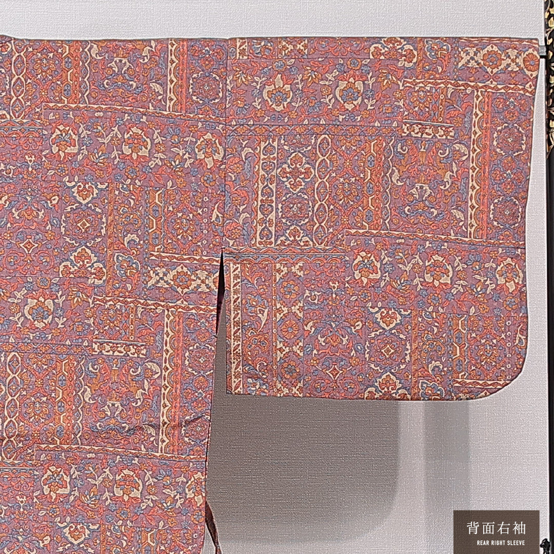 道中着 袷 身丈83cm 裄丈64cm 正絹 Sランク カジュアル Mサイズ 更紗 更紗 異国風 淡い 紫系 RP 1236-16788