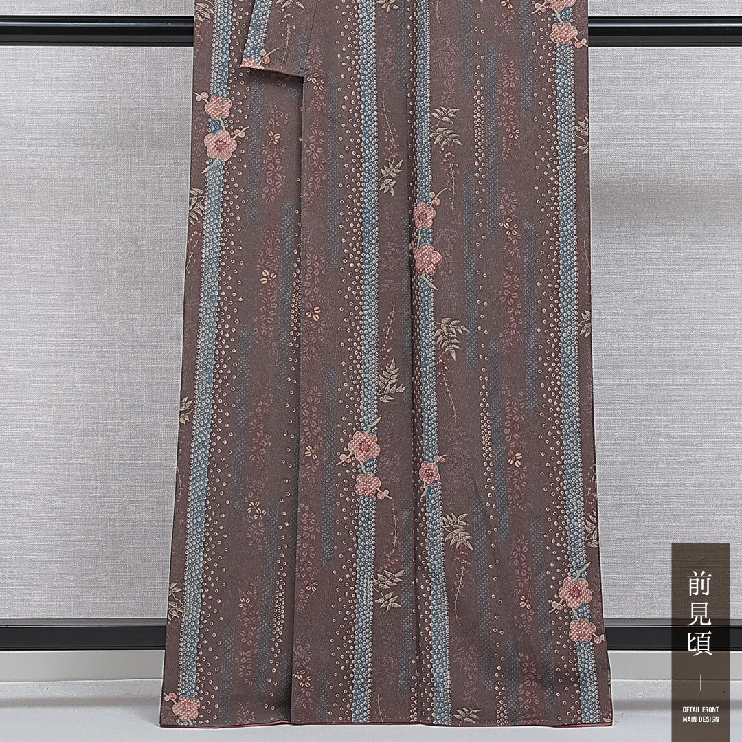 洗える着物 小紋 袷 身丈163cm 裄丈67cm ポリエステル Sランク インフォーマル バチ衿 Lサイズ 縞 梅 茶系 RP 1221-16409