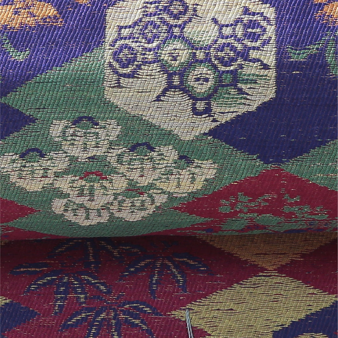 アンティーク 九寸名古屋帯 帯丈376cm 開き仕立て 全通 Dランク 正絹 蒲公英 吉祥文様 多色系 1224-03884