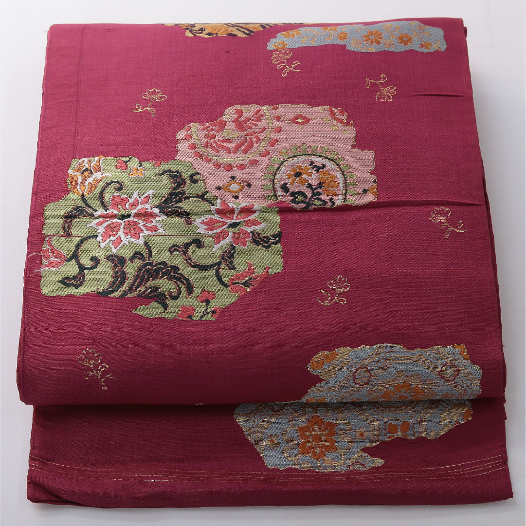 アンティーク 九寸名古屋帯 帯丈352cm 開き仕立て ポイント柄 Cランク 正絹 菊 紫系 赤系 1224-03812