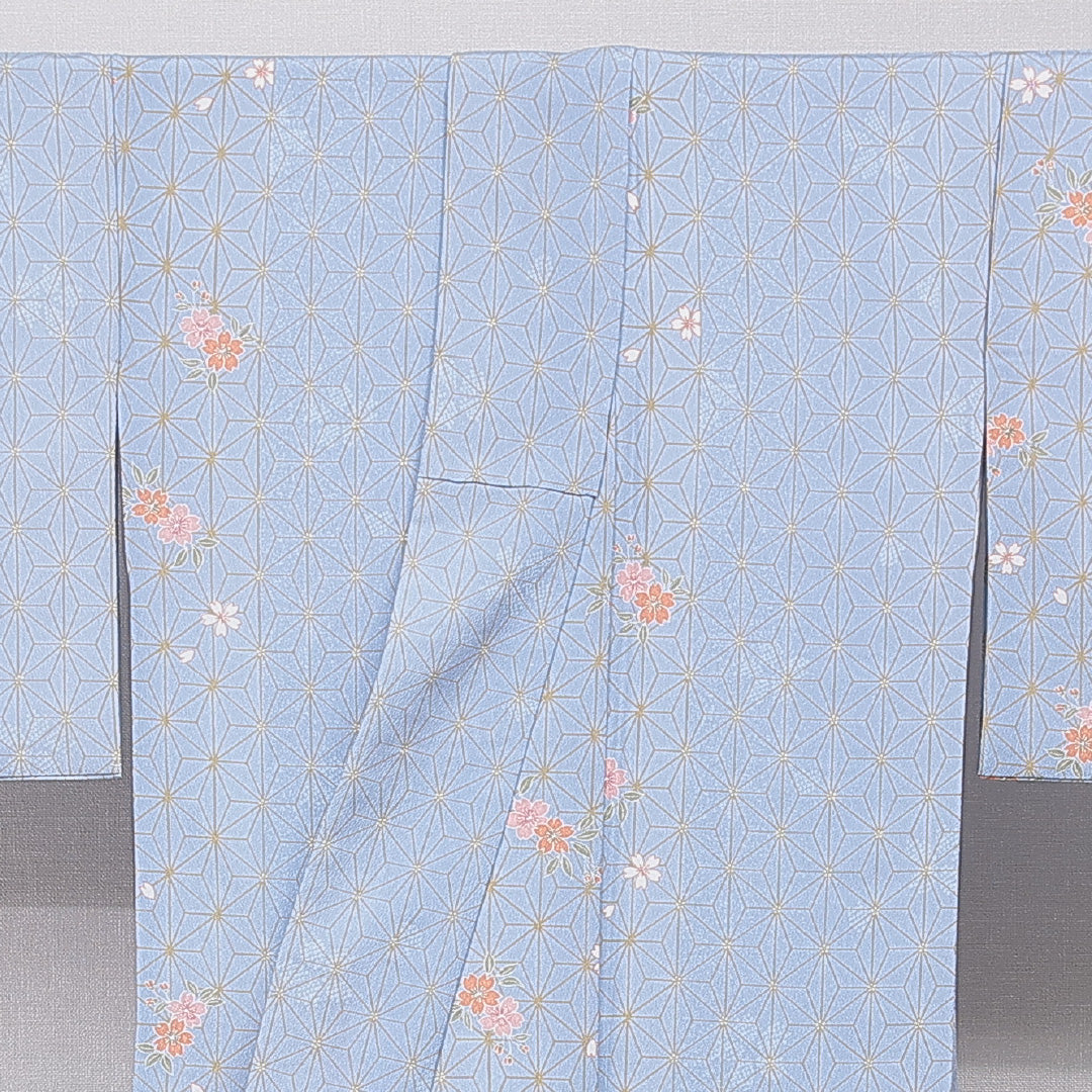 小紋 洗える着物 袷 身丈161cm 裄丈64cm ポリエステル Sランク Lサイズ 広衿 インフォーマル 麻の葉 桜 水色系 1215-15811