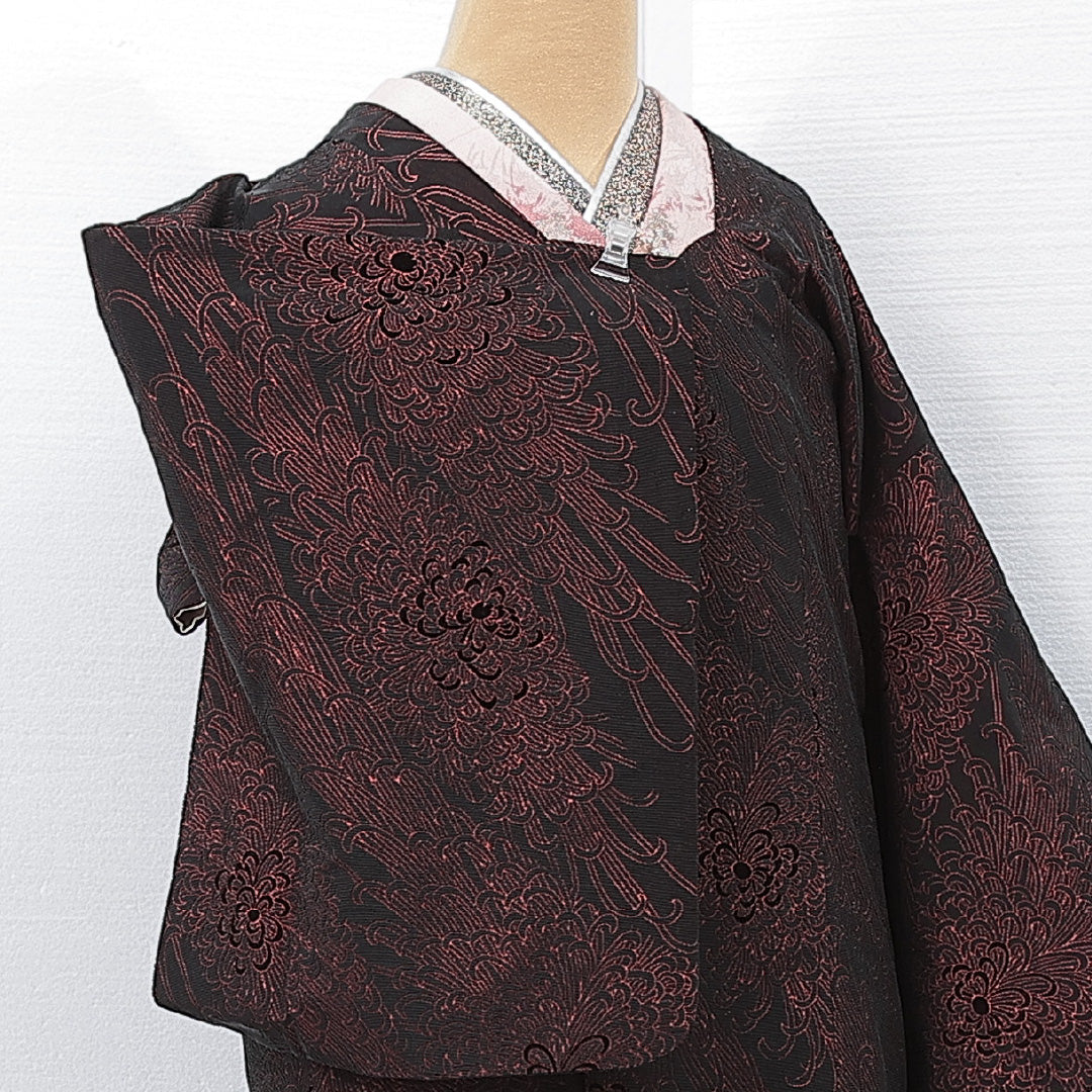 道行コート 袷 身丈103cm 裄丈31cm 正絹 Aランク Sサイズ フォーマル ポケットあり 植物柄 黒系 赤系 1263-15128