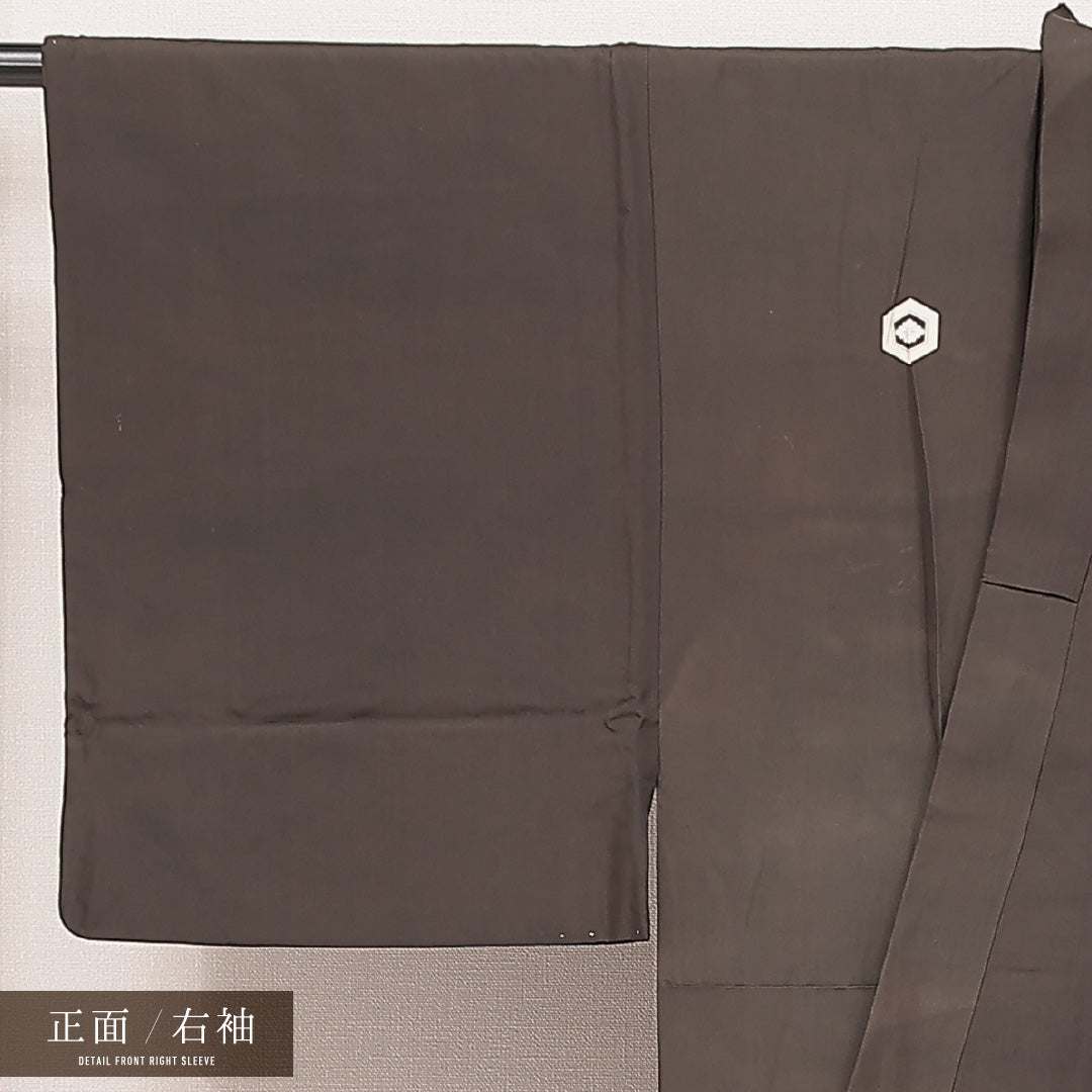 男着物 袷 身丈139cm 裄丈65cm 正絹 Cランク 五つ紋 (亀甲に花菱) フォーマル 棒衿 Sサイズ 無地 茶系 HP 1224-16897