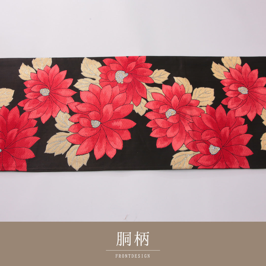袋帯 帯丈432cm 正絹 六通 セミフォーマル 唐織 花柄 黒系 1243-02290