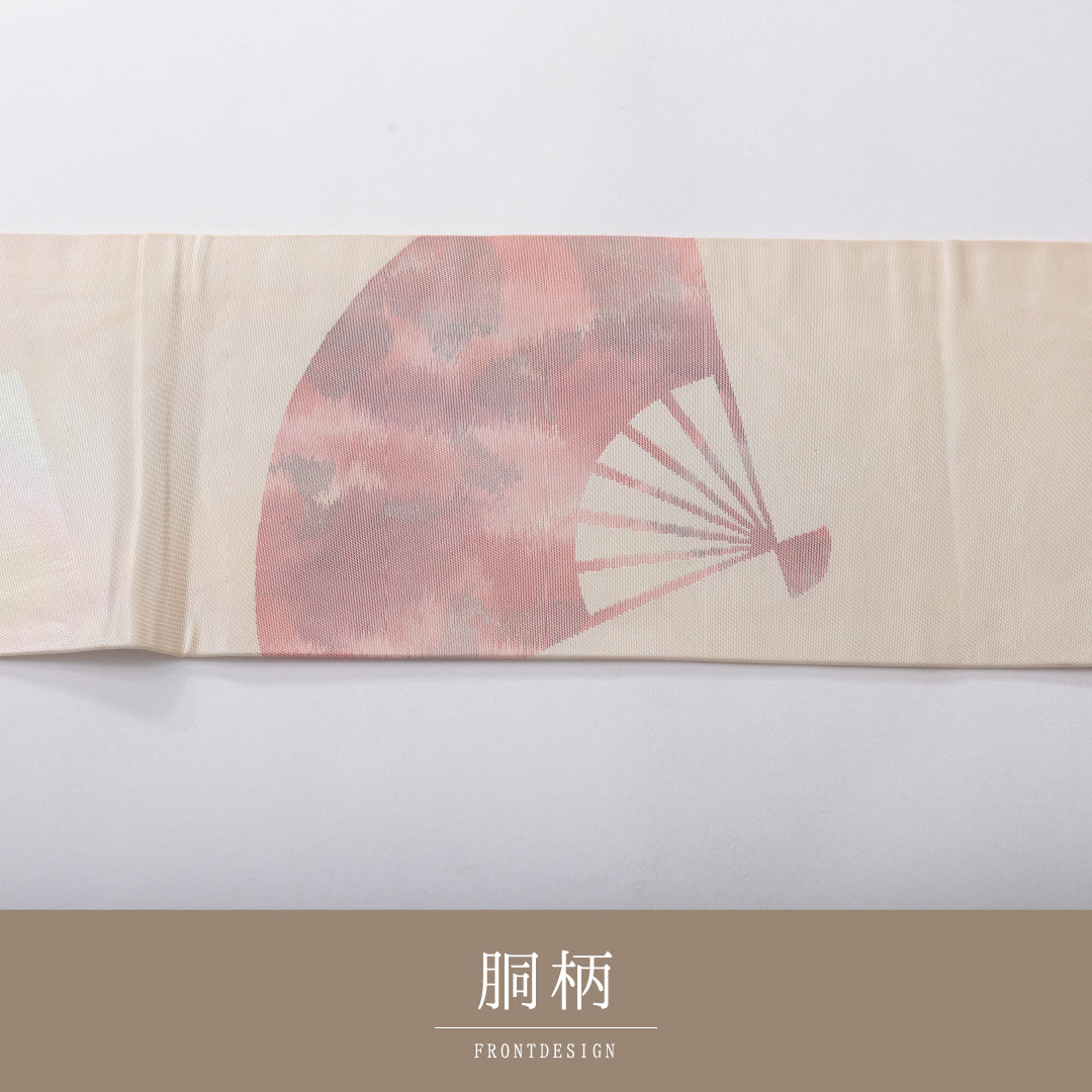 九寸名古屋帯 帯丈355cm セミフォーマル 名古屋仕立て ポイント柄 Bランク 正絹 引箔 扇 クリーム系 1224-03906