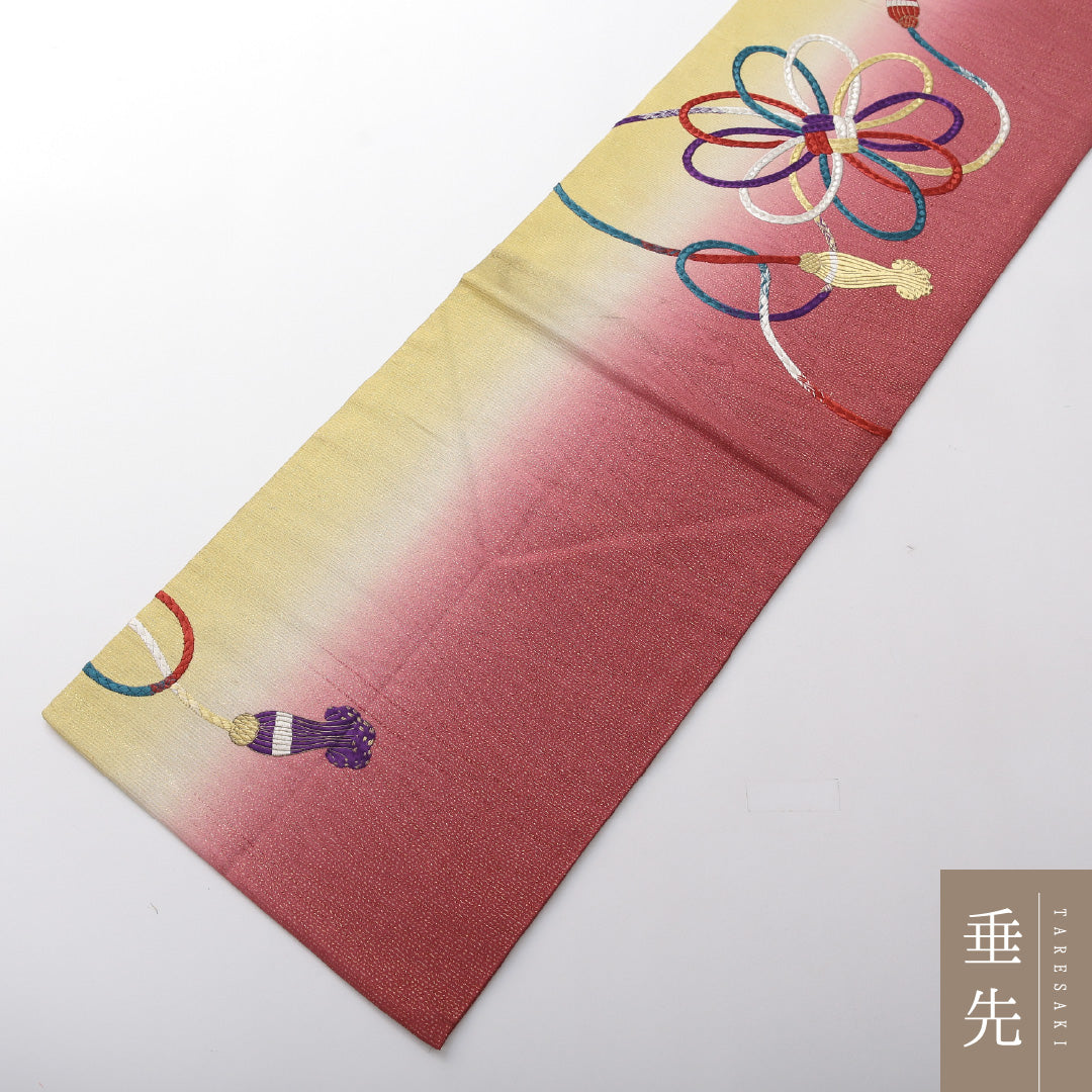 アンティーク 九寸名古屋帯 帯丈363cm 名古屋仕立て ポイント柄 Aランク 正絹 銀駒刺繍 組紐 ピンク系 黄系 1224-03710