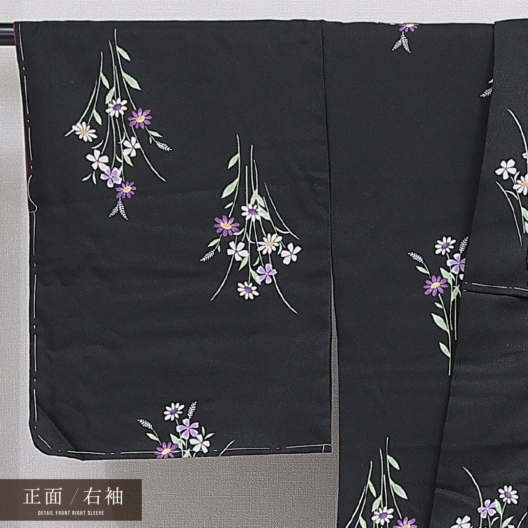 洗える着物 小紋 袷 身丈167cm 裄丈67cm ポリエステル Sランク インフォーマル 広衿 XLサイズ 秋桜 黒系 RP 1221-16341