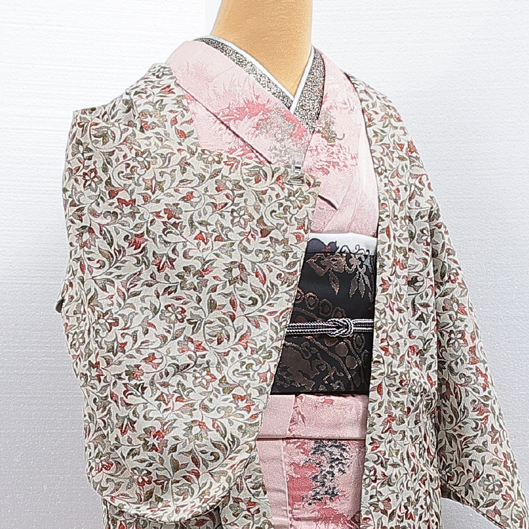 羽織 袷 身丈76cm 裄丈62cm 正絹 Aランク カジュアル Sサイズ 花柄 クリーム系 RP 1232-16151