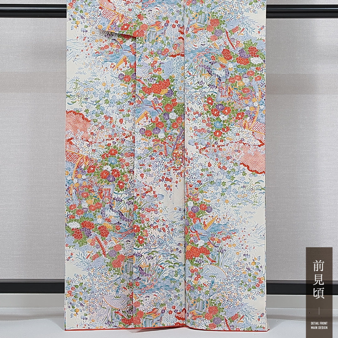 未使用品 小紋 袷 身丈160cm 裄丈64cm 正絹 Nランク インフォーマル 広衿 Lサイズ 花車 山水 白系 RP 1221-15014