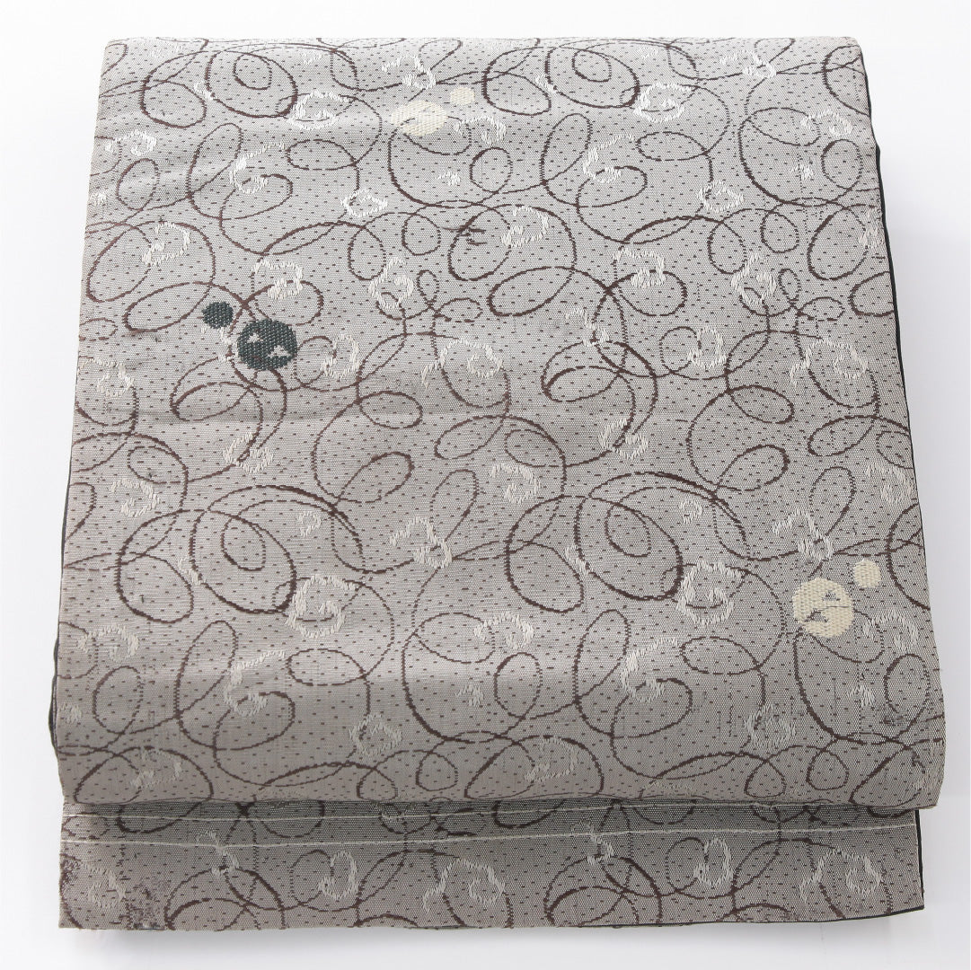 アンティーク 九寸名古屋帯 帯丈370cm 開き仕立て 六通 Aランク 正絹 創作柄 落款 グレー系 1224-04172