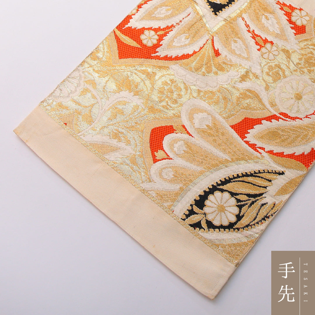 アンティーク 袋帯 帯丈412cm 六通 未仕立て 帯芯なし Cランク 正絹 植物柄 金系 1223-01991