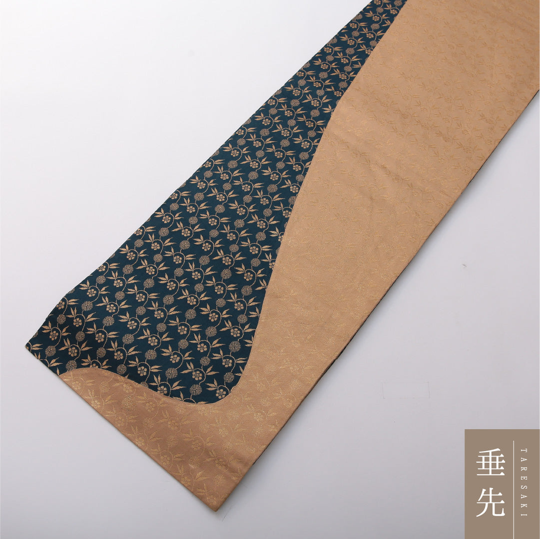 九寸名古屋帯 帯丈432cm カジュアル 開き仕立て 六通 Aランク 正絹 植物柄 紺系 1224-03516