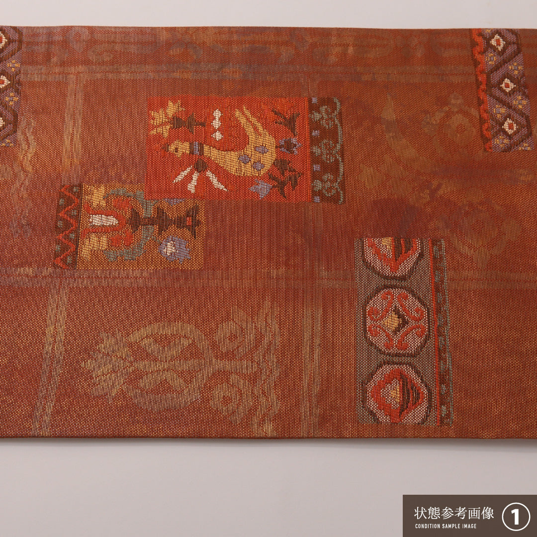 袋帯 帯丈428cm セミフォーマル 六通 Aランク 正絹 創作柄 朱系 1223-01907