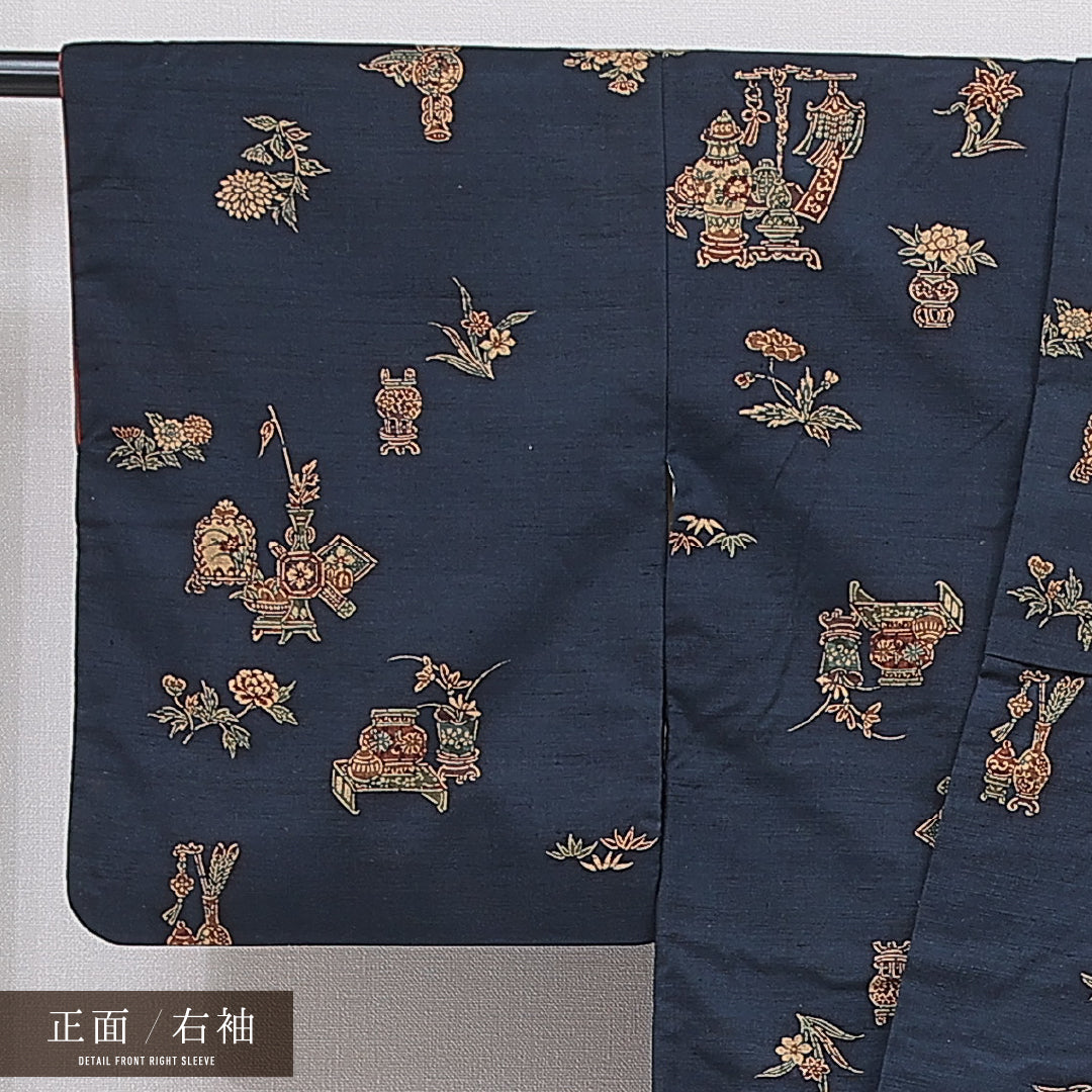 小紋 袷 身丈163cm 裄丈64cm 正絹 Aランク インフォーマル 広衿 Lサイズ 染め紬 花瓶 紺系 RP 1221-16656