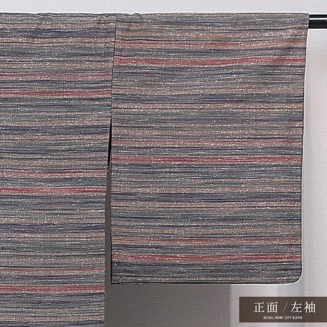 紬 単衣 身丈155cm 裄丈66cm 正絹 Cランク カジュアル 広衿 Mサイズ 肩当て 縞 茶系 LP 1223-15538