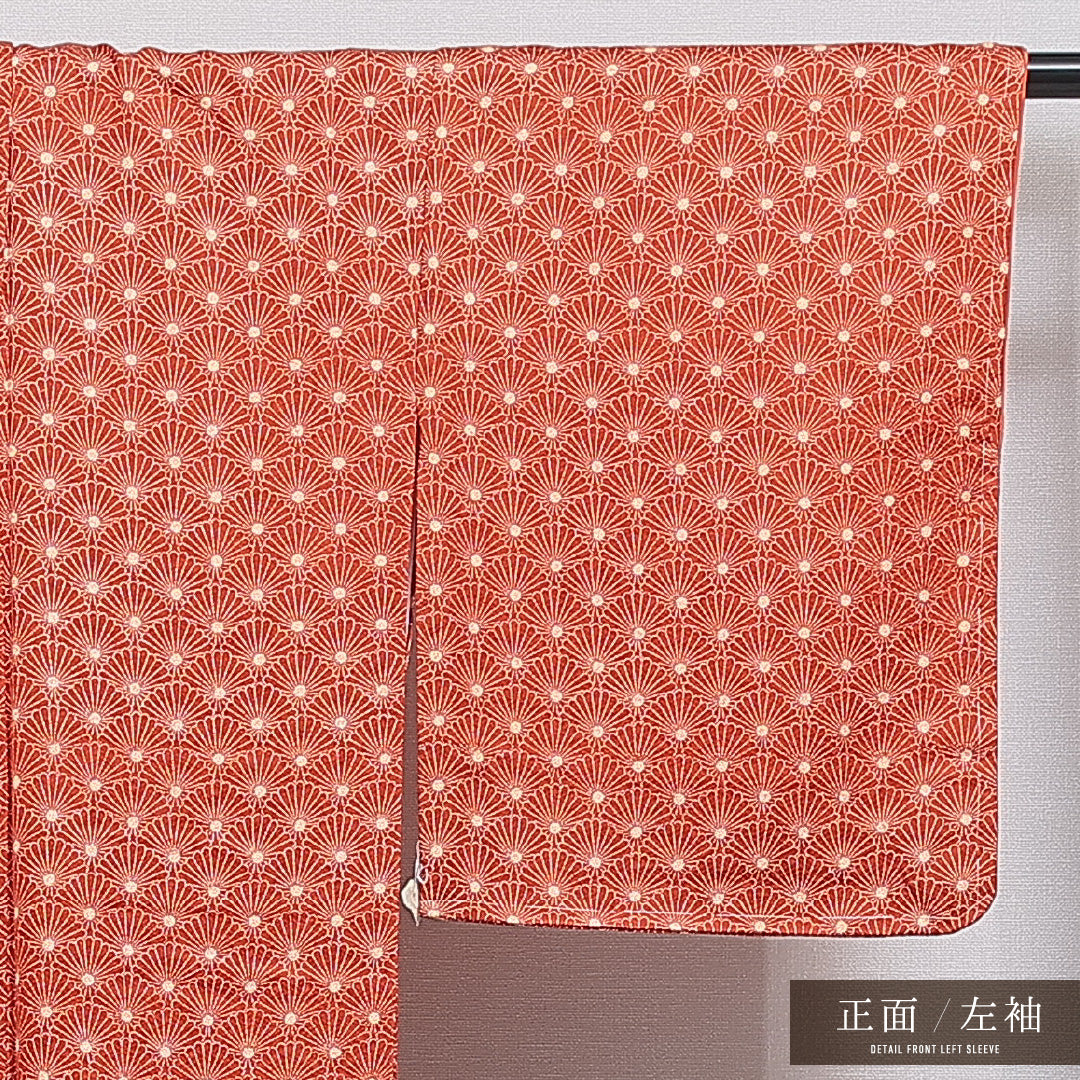 小紋 袷 身丈164cm 裄丈64cm 正絹 Sランク インフォーマル 広衿 Lサイズ 菊 朱系 RP 1221-16041