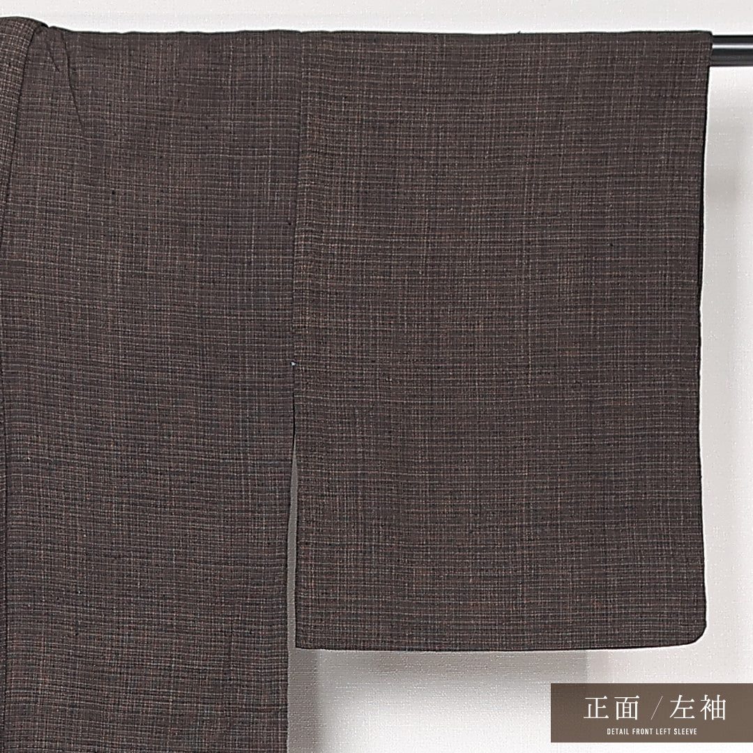 アンティーク 木綿の紬(書生絣) 洗える着物 単衣 身丈150cm 裄丈63cm 木綿 Cランク Sサイズ 棒衿 肩当て 格子 茶系 1216-13078