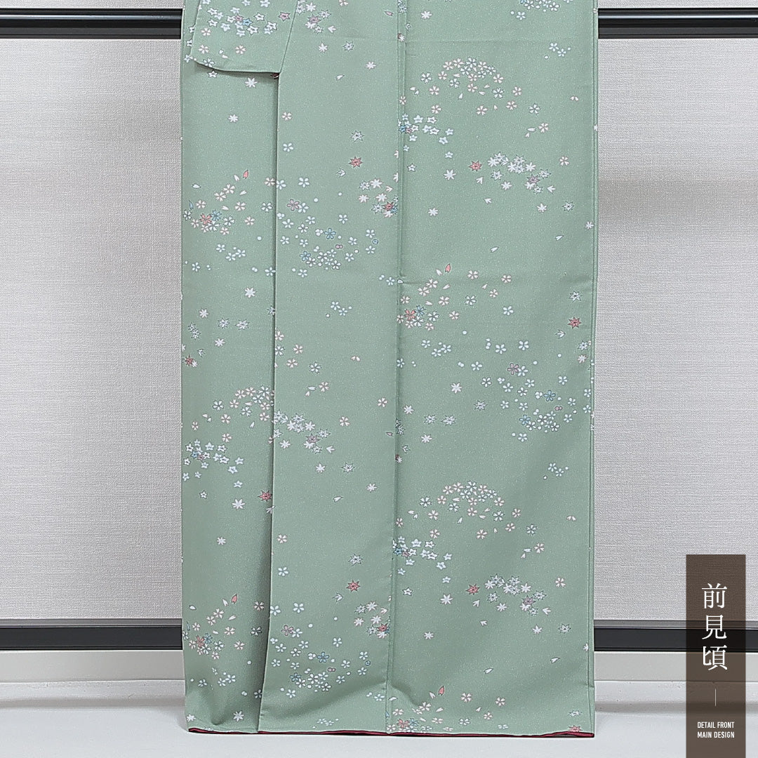 洗える着物 小紋 袷 身丈165cm 裄丈66cm ポリエステル Bランク インフォーマル 広衿 XLサイズ 桜 緑系 RP 1221-16106