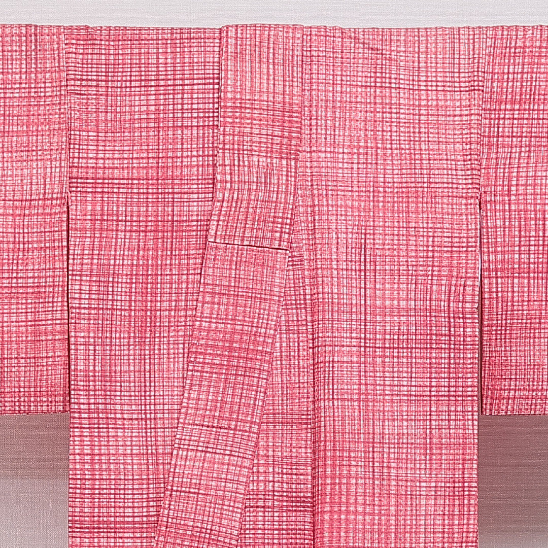 小紋 洗える着物 袷 身丈158cm 裄丈63cm ポリエステル Aランク Mサイズ 広衿 インフォーマル 格子 ピンク系 1215-16393