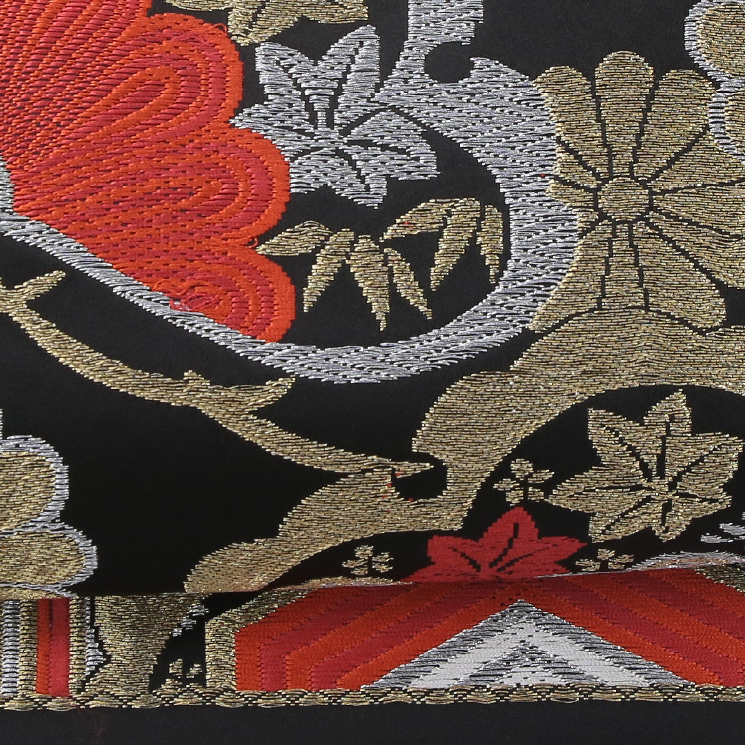 袋帯 帯丈414cm フォーマル 六通 未仕立て 帯芯なし Aランク 正絹 毘沙門亀甲 菊 黒系 1223-02229