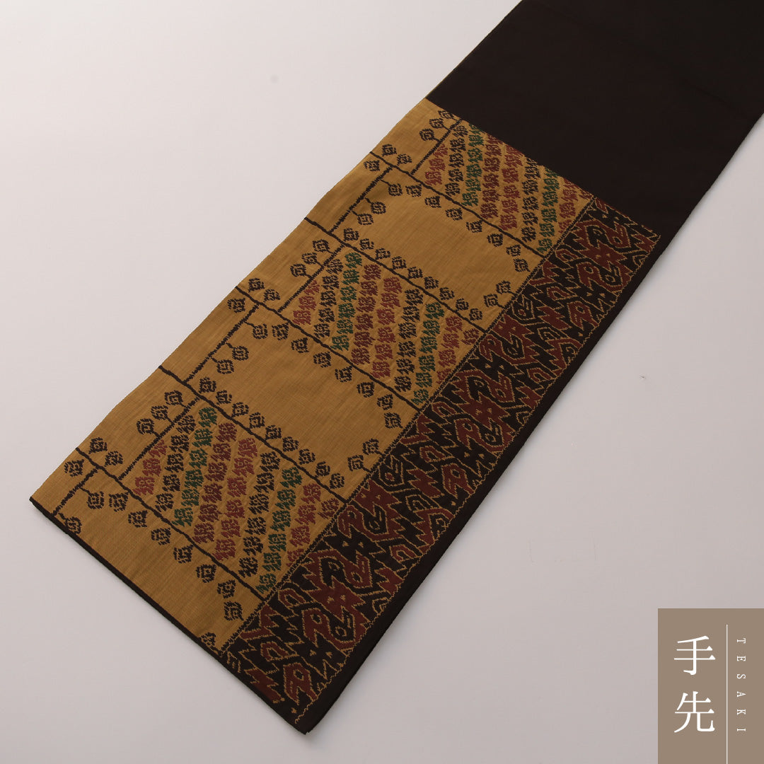 袋帯(紬) 帯丈436cm 正絹 六通 カジュアル 創作柄 茶系 1243-01910
