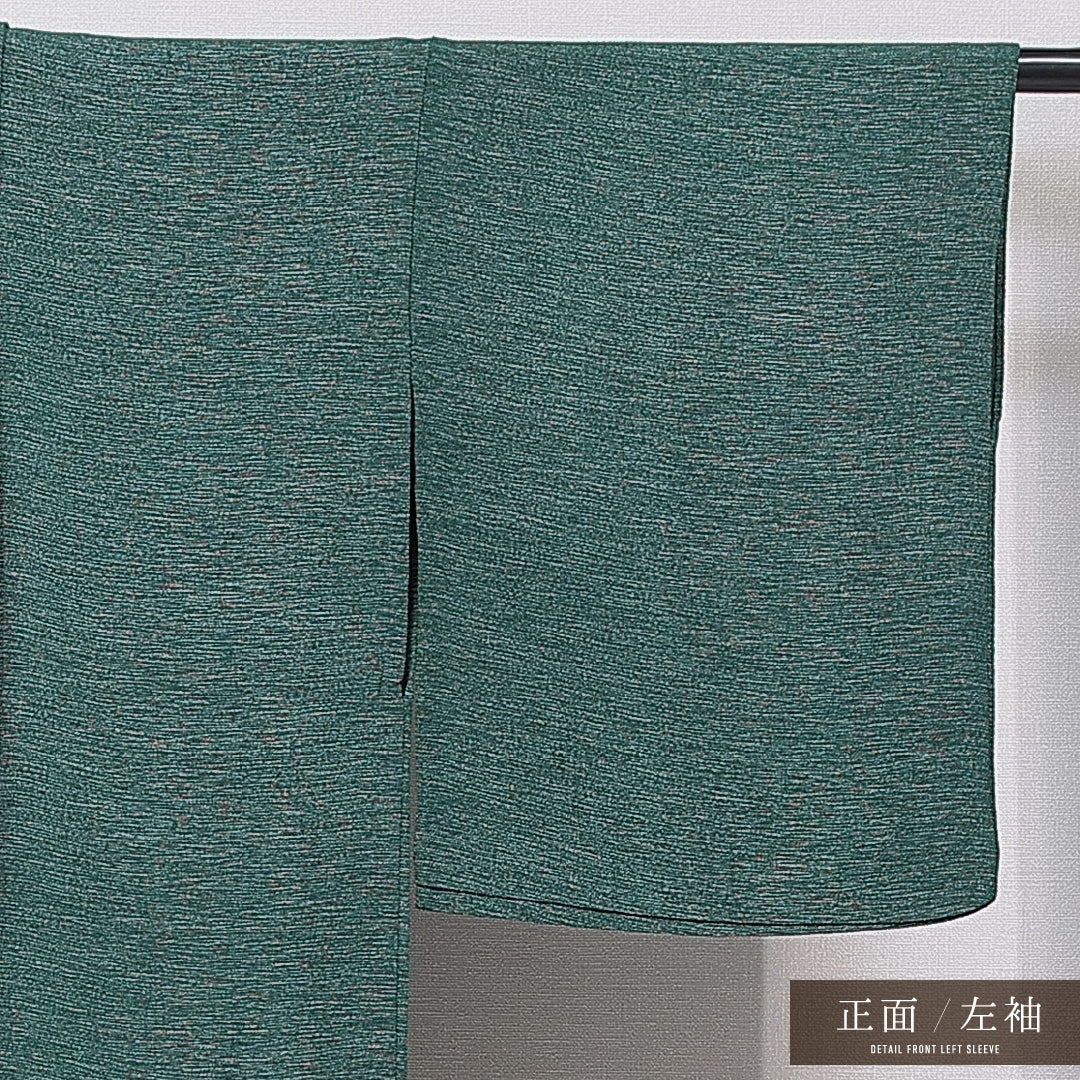 小紋 単衣 身丈159cm 裄丈63cm 正絹 Sランク Mサイズ バチ衿 インフォーマル 肩当て ちりめん 無地 緑系 1215-15680