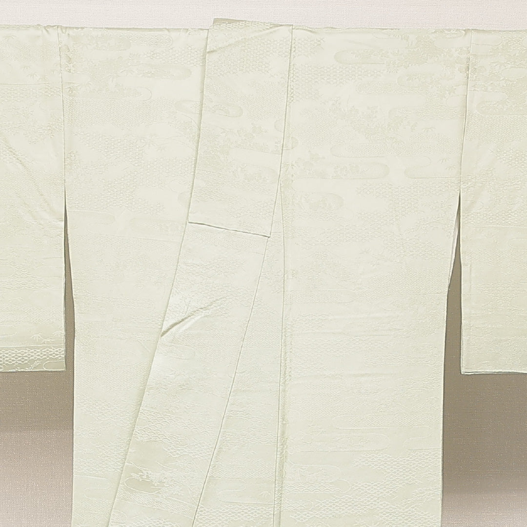 色無地 袷 身丈157cm 裄丈68cm 正絹 Cランク Mサイズ 広衿 インフォーマル 紋意匠 吉祥文様 緑系 1214-16893