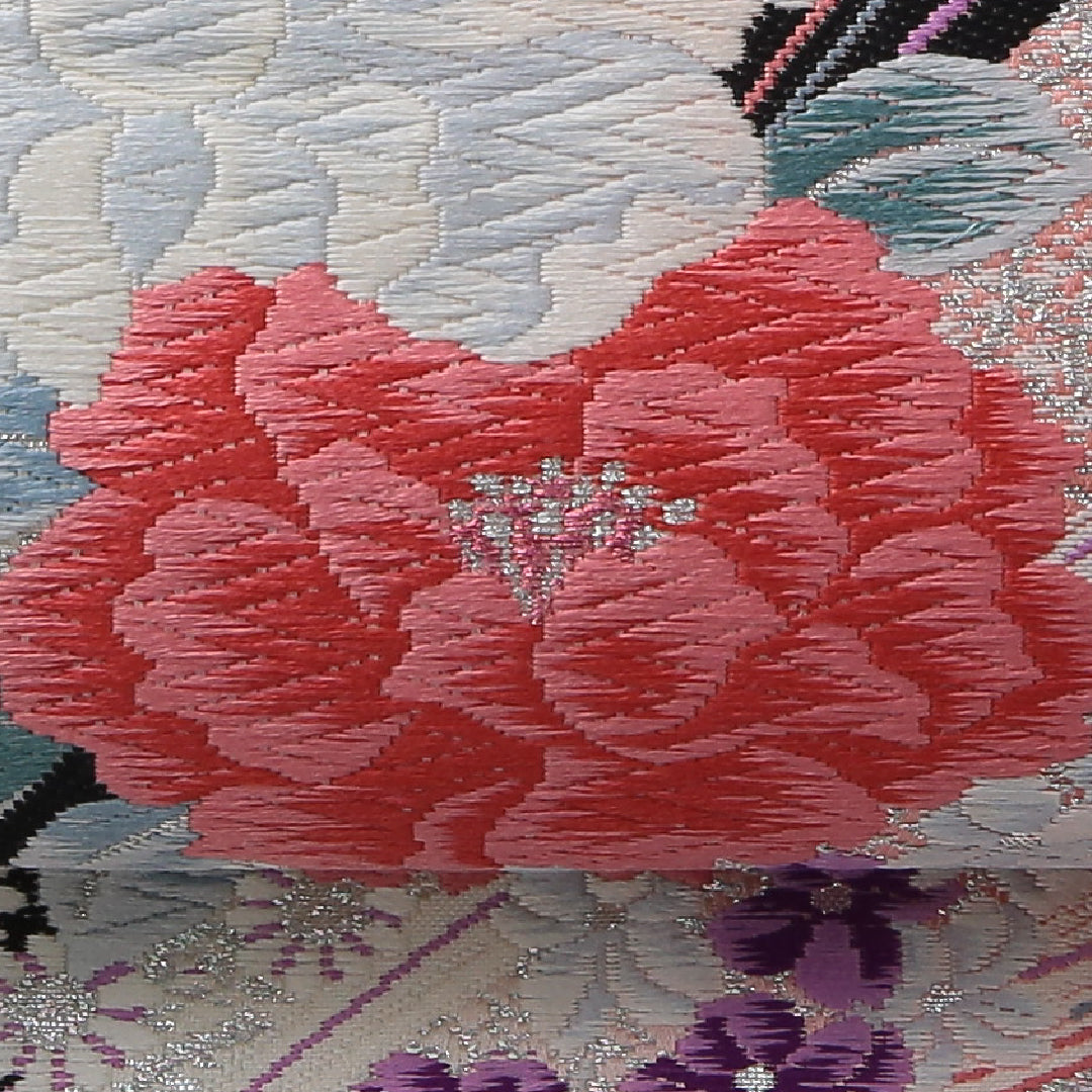 振袖用 袋帯 帯丈436cm 正絹 六通 花柄 吉祥文様 クリーム系 1243-02153