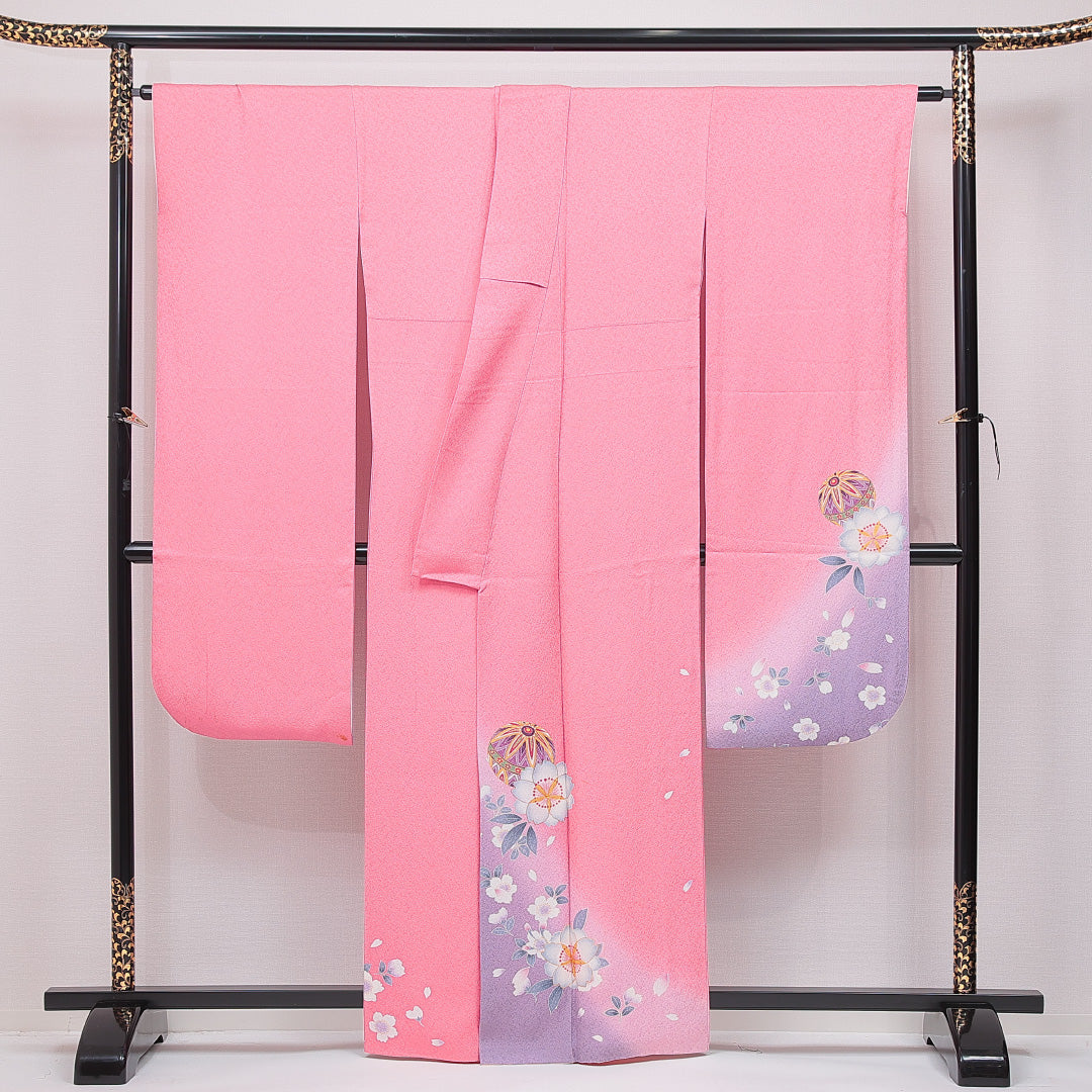 振袖 袷 身丈161cm 裄丈66cm フォーマル Cランク Lサイズ 正絹 広衿 毬 桜 1213-F0651